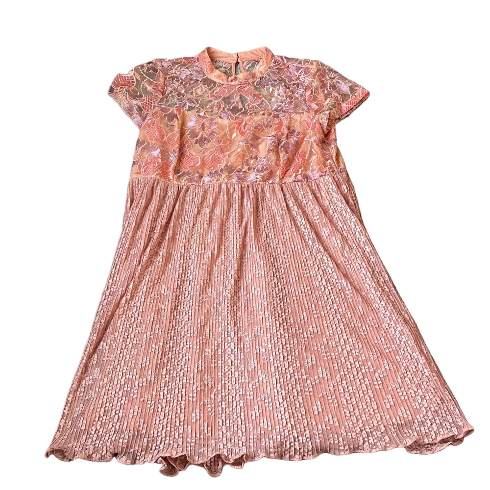 Lane Bryant Pink Lace Pleated Midi Dress Floral Mock Neck SIZE 18